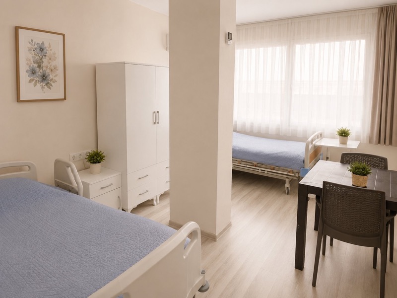 İki kişilik oda: elektrikli yatak, gardırop ve masa