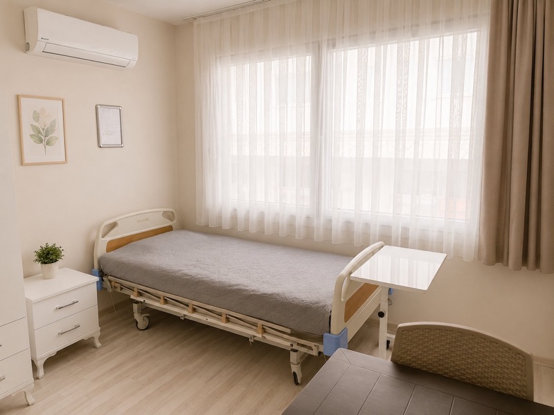 Tek kişilik oda: elektrikli yatak, komodin ve klima